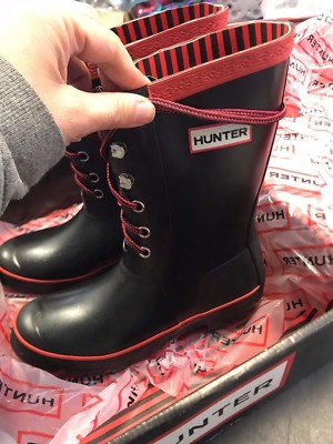 Pre-owned Hunter Wellie  Rain Boot Festival Lace Black Red 6 M 7 F 38 Eu Wellington Tie