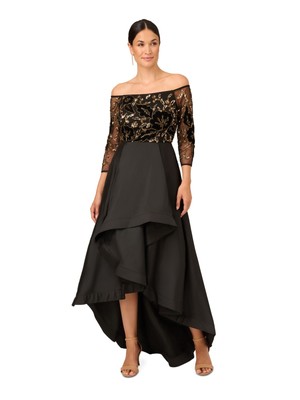 ADRIANNA PAPELL Womens Black Hi-lo Skirt 3/4 Sleeve Formal Gown Dress 14