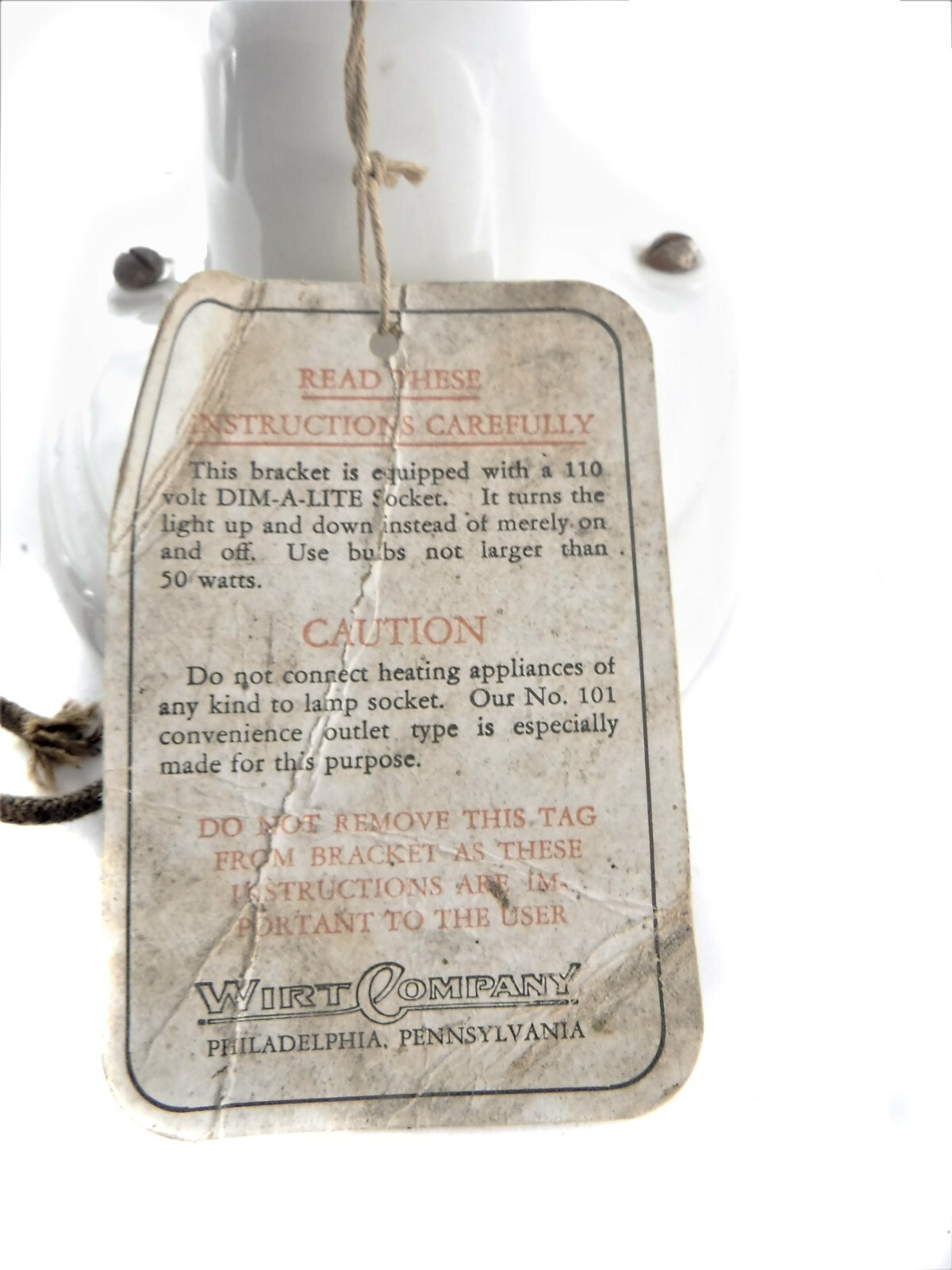 Vintage Wirt Porcelain Wall Sconce - New Old Stock