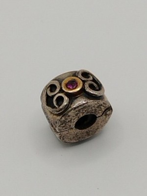 Retired Pandora Double Heart Pink Sapphire Clip SS w/ 14k Gold Charm