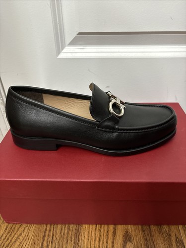 Pre-owned Ferragamo Salvatore  Rolo Black Leather Mens Loafers 8 Ee Reversible Buckle