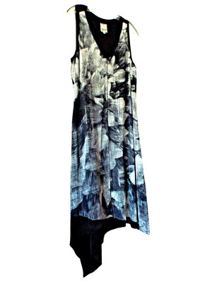 ***GO SILK Sz L silk tropical DRESS black gray!!