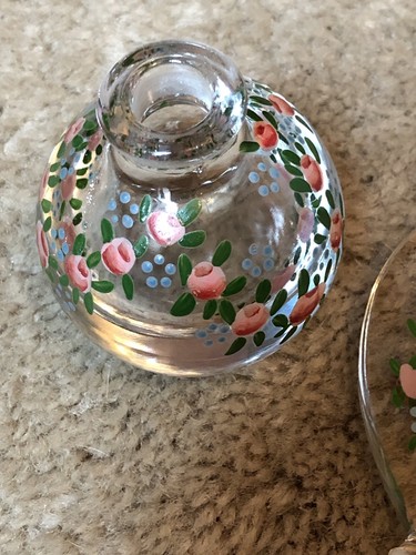 Vintage Enameled Roses On Crystal Perfume Bottle With Glass Stopper