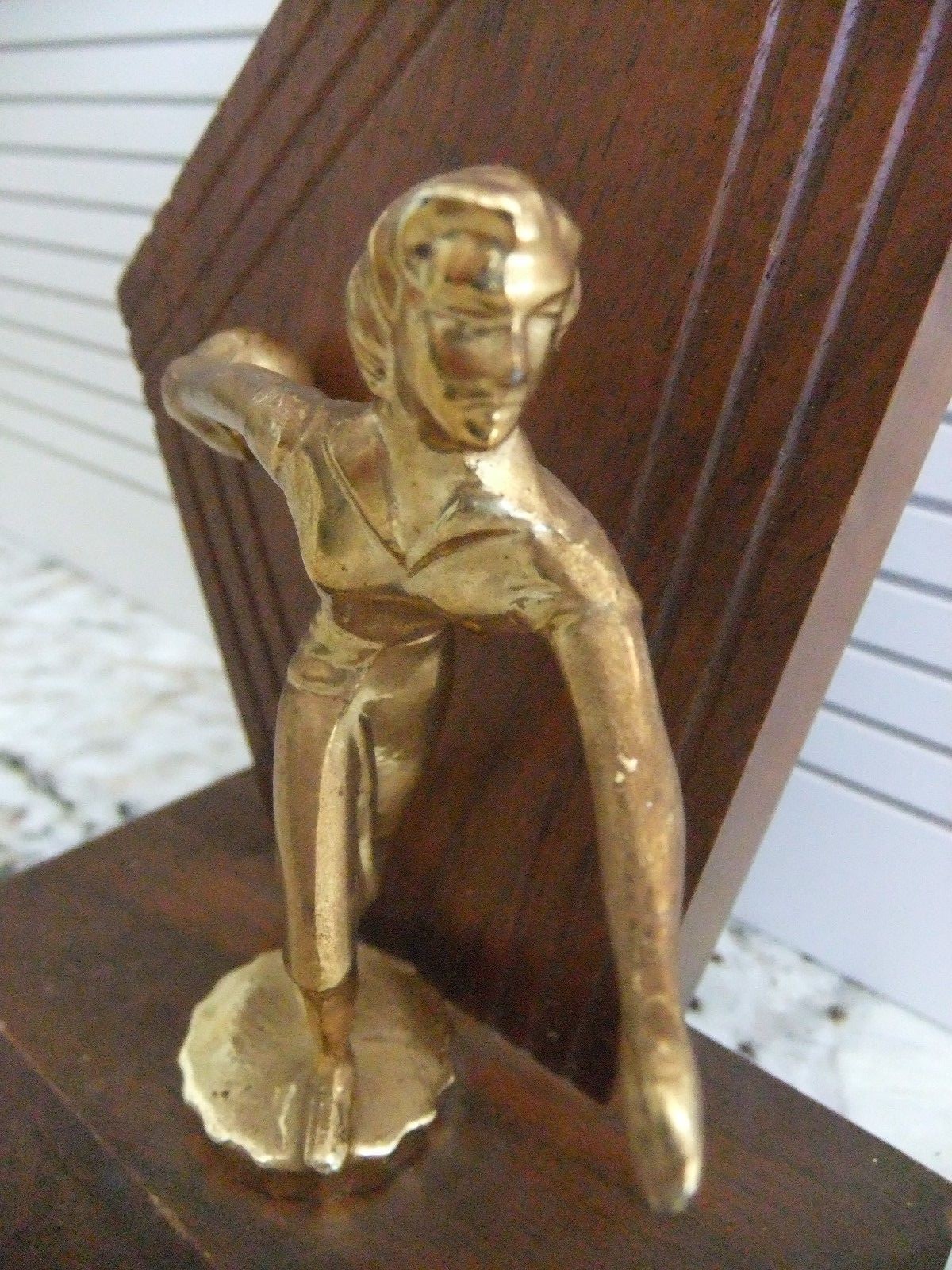Vtg Women's Wooden & Gold Tone Metal Bowling Trophy 1950's - Mid Century Decor