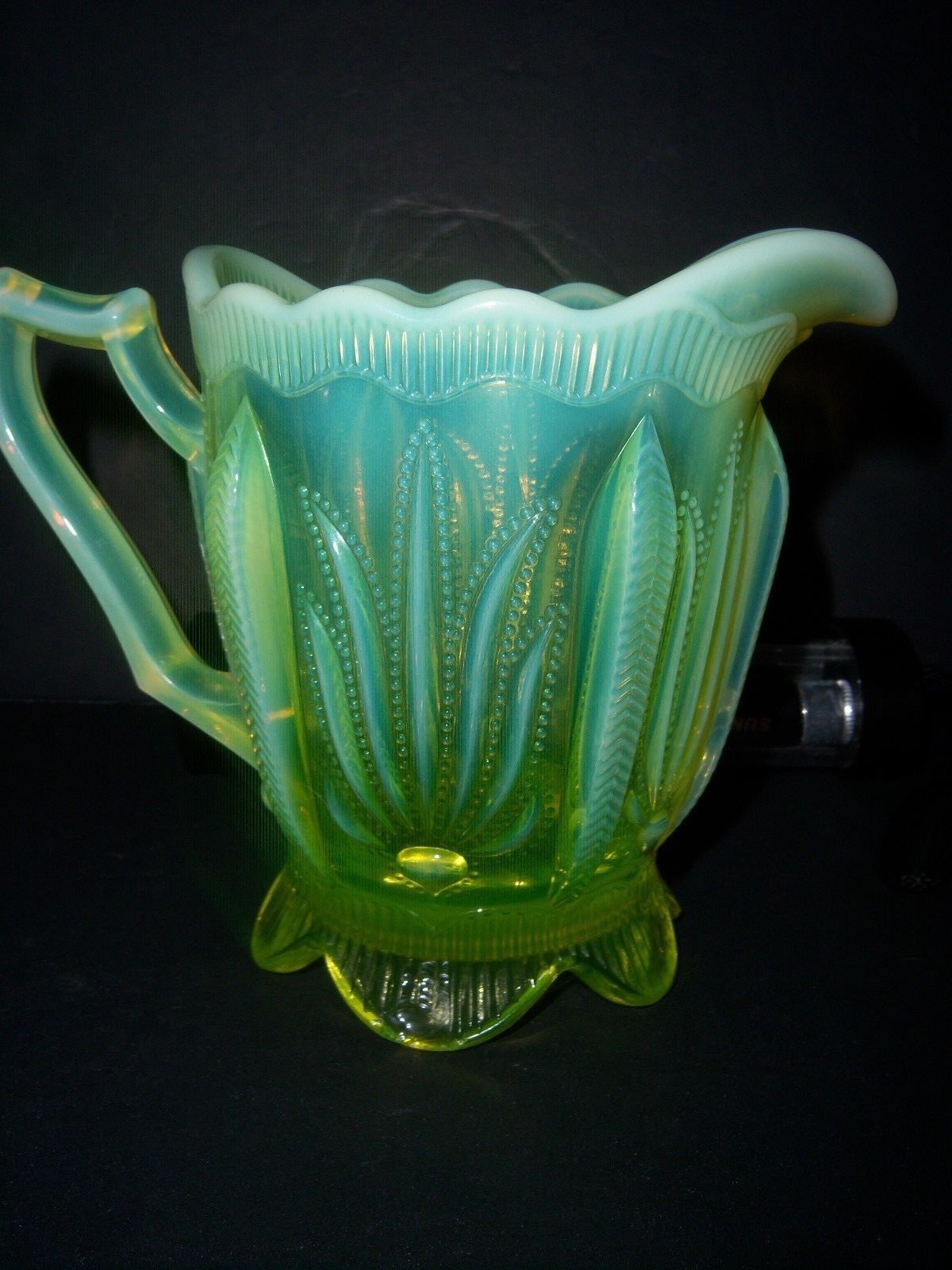 ...VINTAGE OPALESCENT YELLOWISH GREEN VASELINE CREAM PITCHER