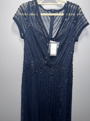 Adrianna Papell Women's Beaded V Neck Formal Dress - Black, Size 8 Mdnt Black