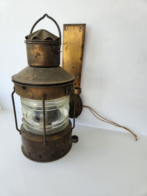 Vintage Brass Anchor Maritime Oil Lantern Electric Lamp Converted Wall Hanger 