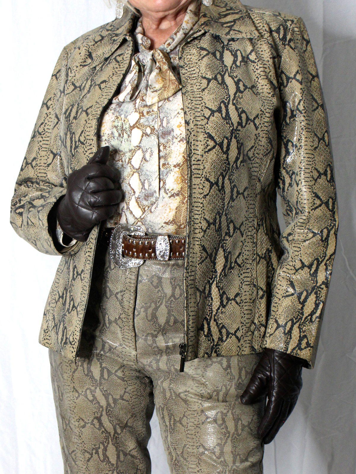 Womens Leather Jacket L Brown Black Animal Print Snakeskin Vintage