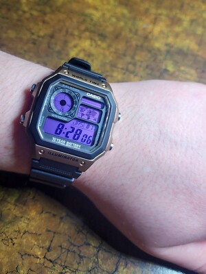 Mens Casio World Time AE-1200WH Custom Modified Purple Color Screen Mod Water...