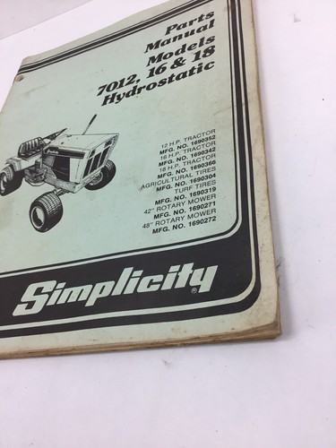 Simplicity Parts Manual - Models 7012, 16 & 18 Hydrostatic