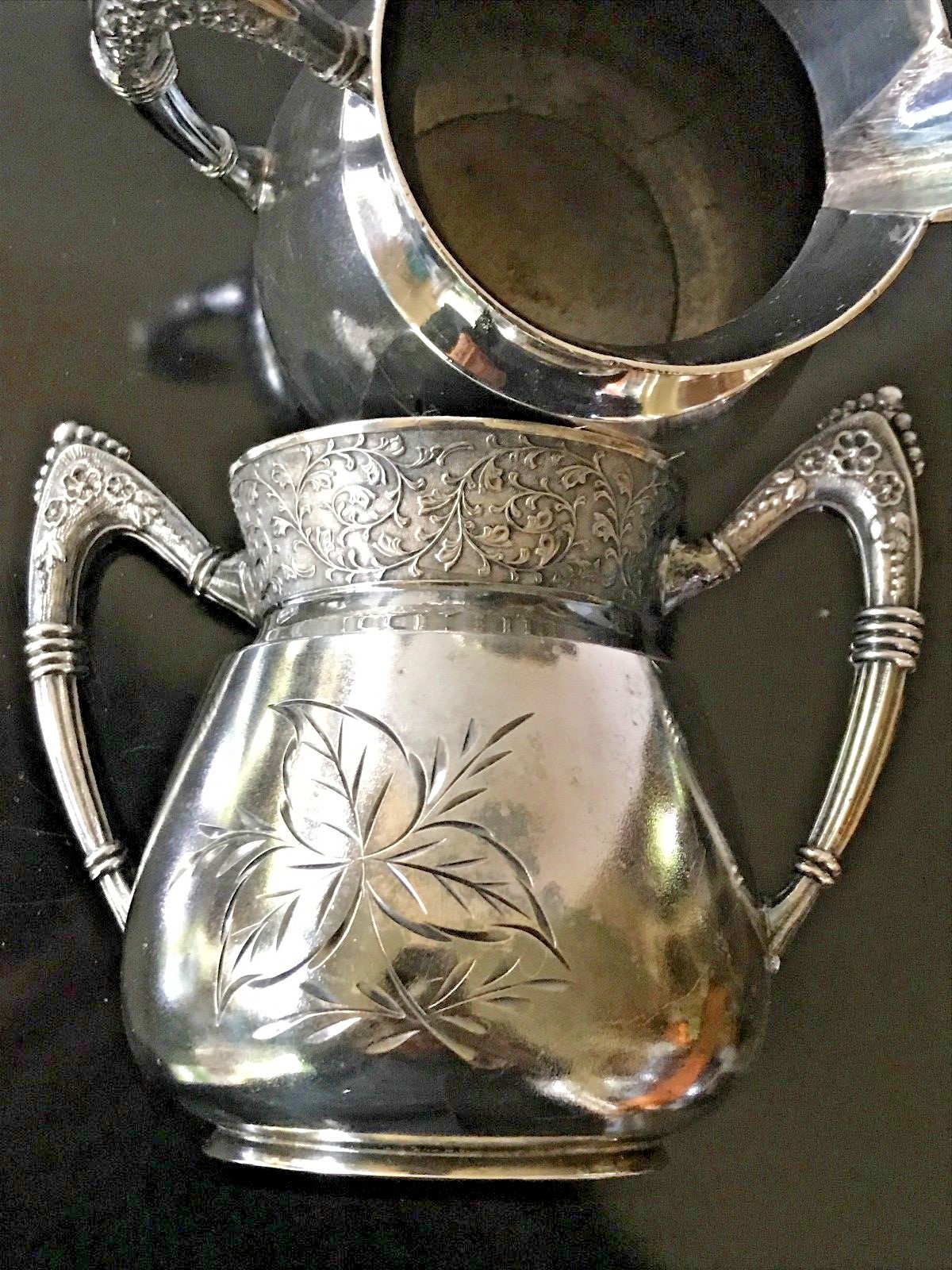 Antique P. B. Warner Triple Plate Ornate Leaf Sugar & Creamer Large Size
