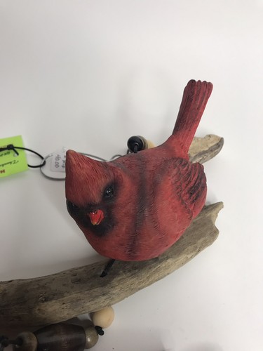 Unique Gift Handmade 30” Windchime Cardinal 5x5” Resin Bird Beads Driftwood