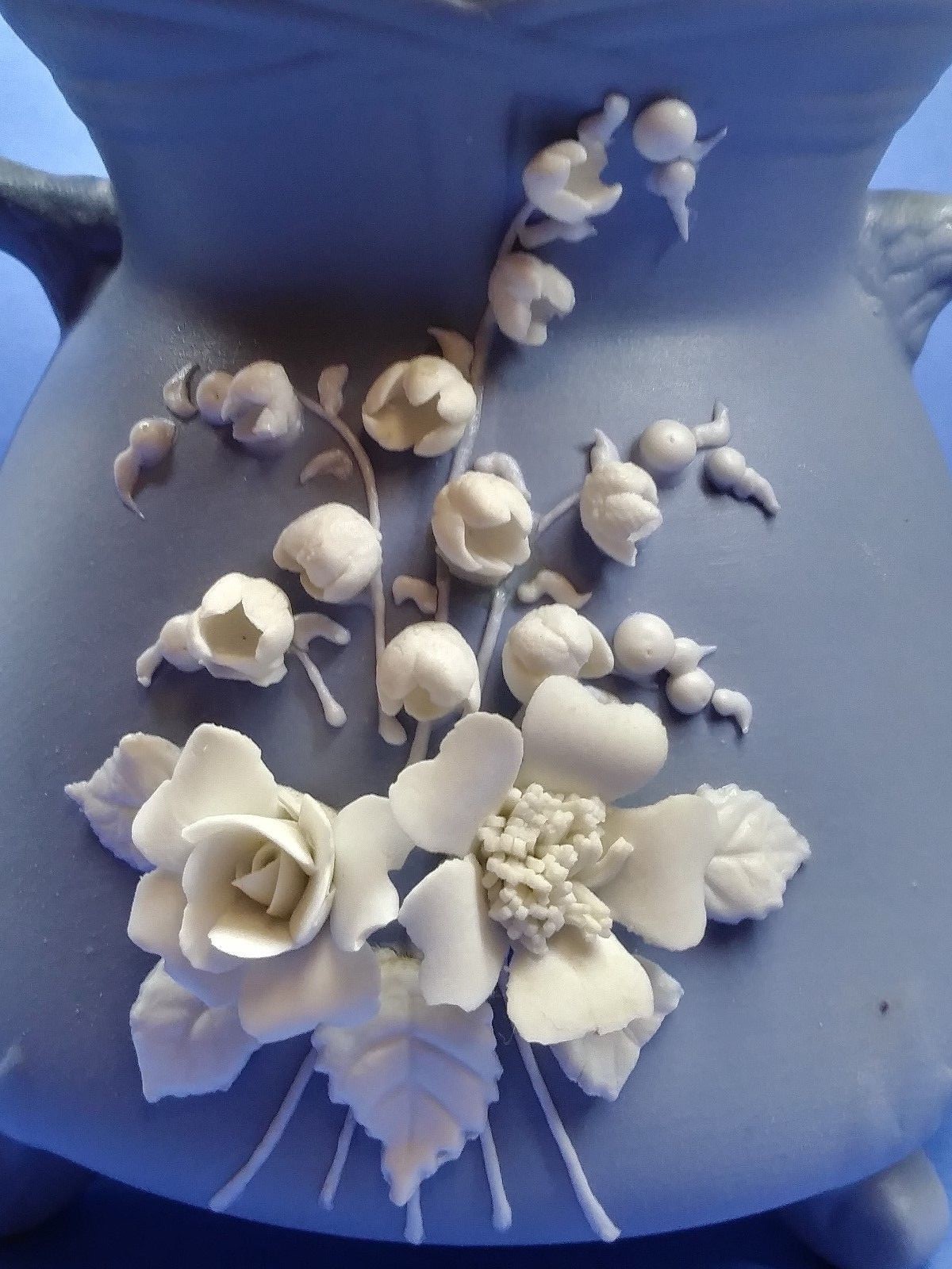 Lefton blue bisque  2183- 4 inch vase/flower pot, lillies of the valley