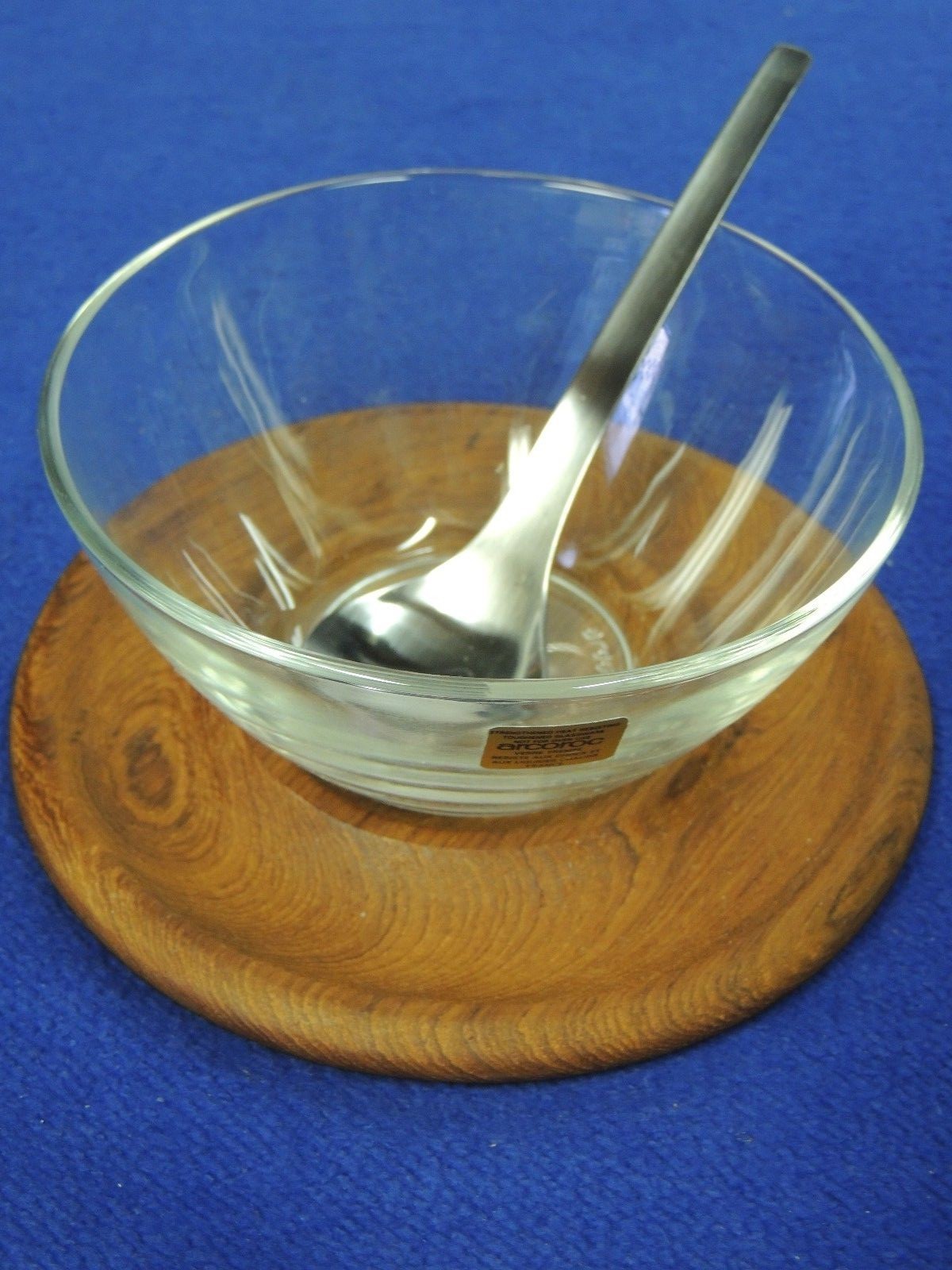 Vintage Danish Modern Teak Condiment Set Stainless Steel Ladle Glass Bowl NIB