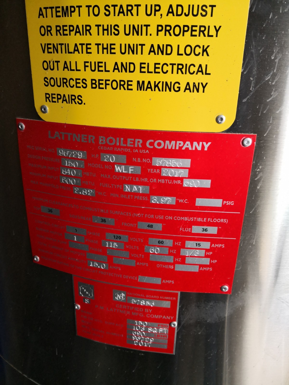 20 hp Lattner Boiler, year and a half old, tubeless upright, 150 max pressure