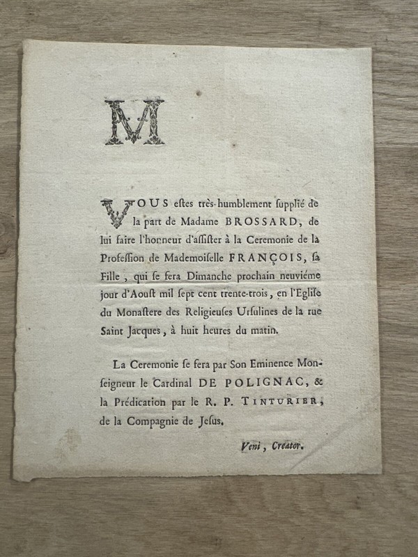 1733 Faire Part Pour Assister Ã  Une Messe Cardinal De Polignac Ã©Glise Ursulines