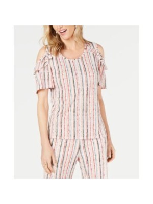 

JM COLLECTION Женский белый топ с короткими рукавами и принтом с рюшами. Размер