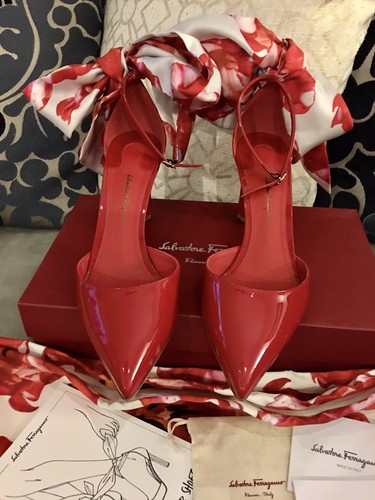 Pre-owned Ferragamo $785 Salvatore  Sorano Red Patent Leather Silk Scarf Point Toe Pump