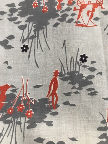 Vintage 1950's Mid Century 4 yards Gray Orange Man Woman Car Model T Fabric