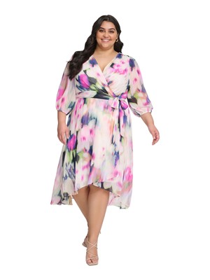 DKNY Womens White Tie-belt Hem Lined Balloon Sleeve Midi Dress Plus 18W