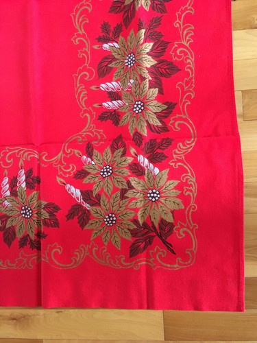 Vintage Christmas Holiday Tablecloth - Gold Poinsettias & Silver Candles - 64x48