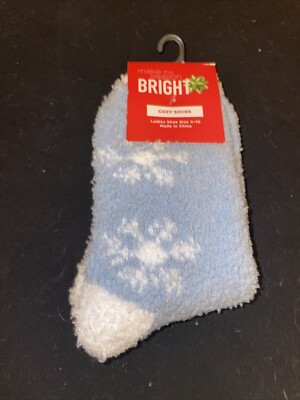 Make The Season Bright Powder Blue Cozy Socks With White Snowflakes  Ladies 4-10