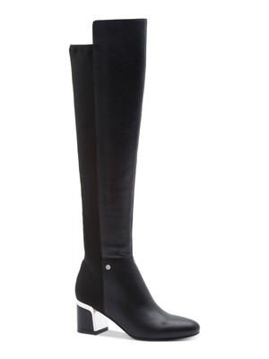 

DKNY Womens Black Logo Cora Кожаные сапоги на каблуке с круглым носком и круглым носком, Черный, K3354733