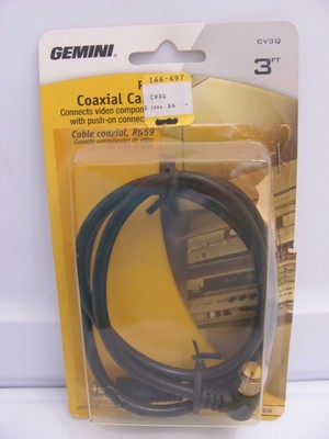 Qty Of 2 Gemini RG59 Push On Quick Connect 3 Ft Coaxial Cable Black COAX 3' CV3Q