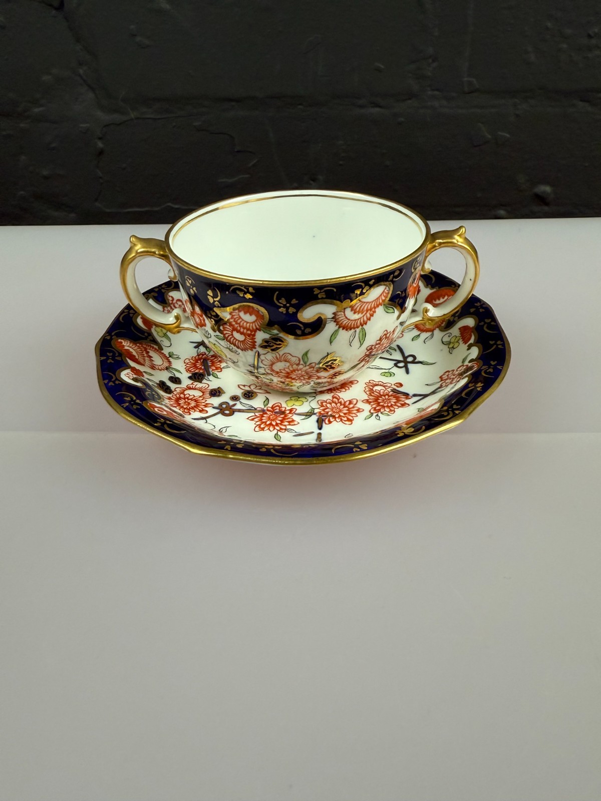 Royal Crown Derby Imari 9259 Two Handled Cup and Saucer Set Dated 1915