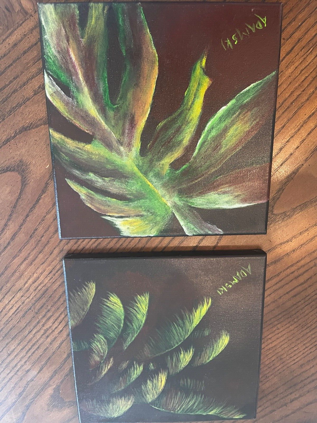 Painting Of Large Green Leaves Over Black Canvas 10" X 10"