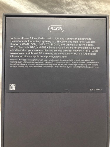 ORIGINAL APPLE IPHONE 8 PLUS MODEL A1864 64GB SPACE GRAY EMPTY BOX ONLY-EX COND.