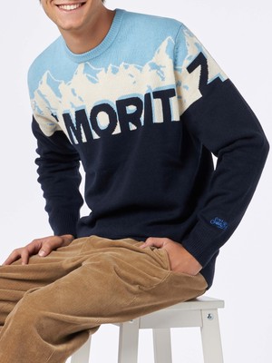 Pre-owned Mc2 Saint Barth Man Crewneck Sweater With St. Moritz Postcard Jacquard Print In Blue