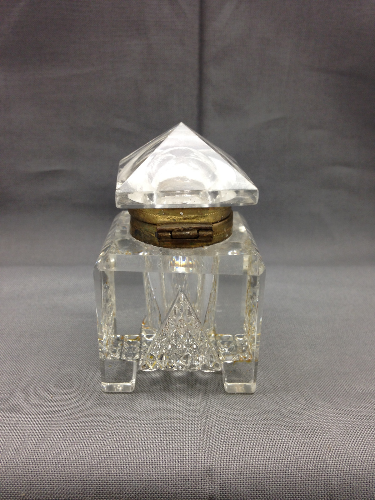 Cut Glass & Brass Ink Well Pyramid Hinged Lid Square Base Four Footed Vintage