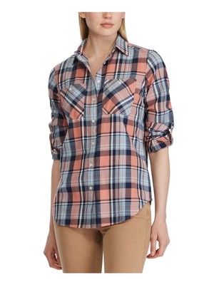 

Женский розовый топ в клетку с манжетами и воротником на пуговицах RALPH LAUREN Petites