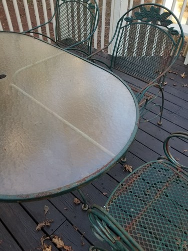 Vtg 7 Piece Metal Patio Dining Antique Table & 6 Chairs