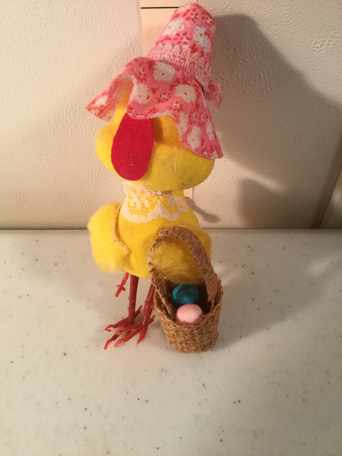 Vintage Chick with Pink Easter Hat Woven Easter Basket 2 Eggs Blue and Pin