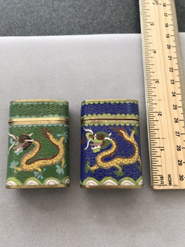 OLD CHINESE BRONZE CLOISONNE Blue And Green ENAMEL SMALL OPIUM CANISTER JAR BOXS