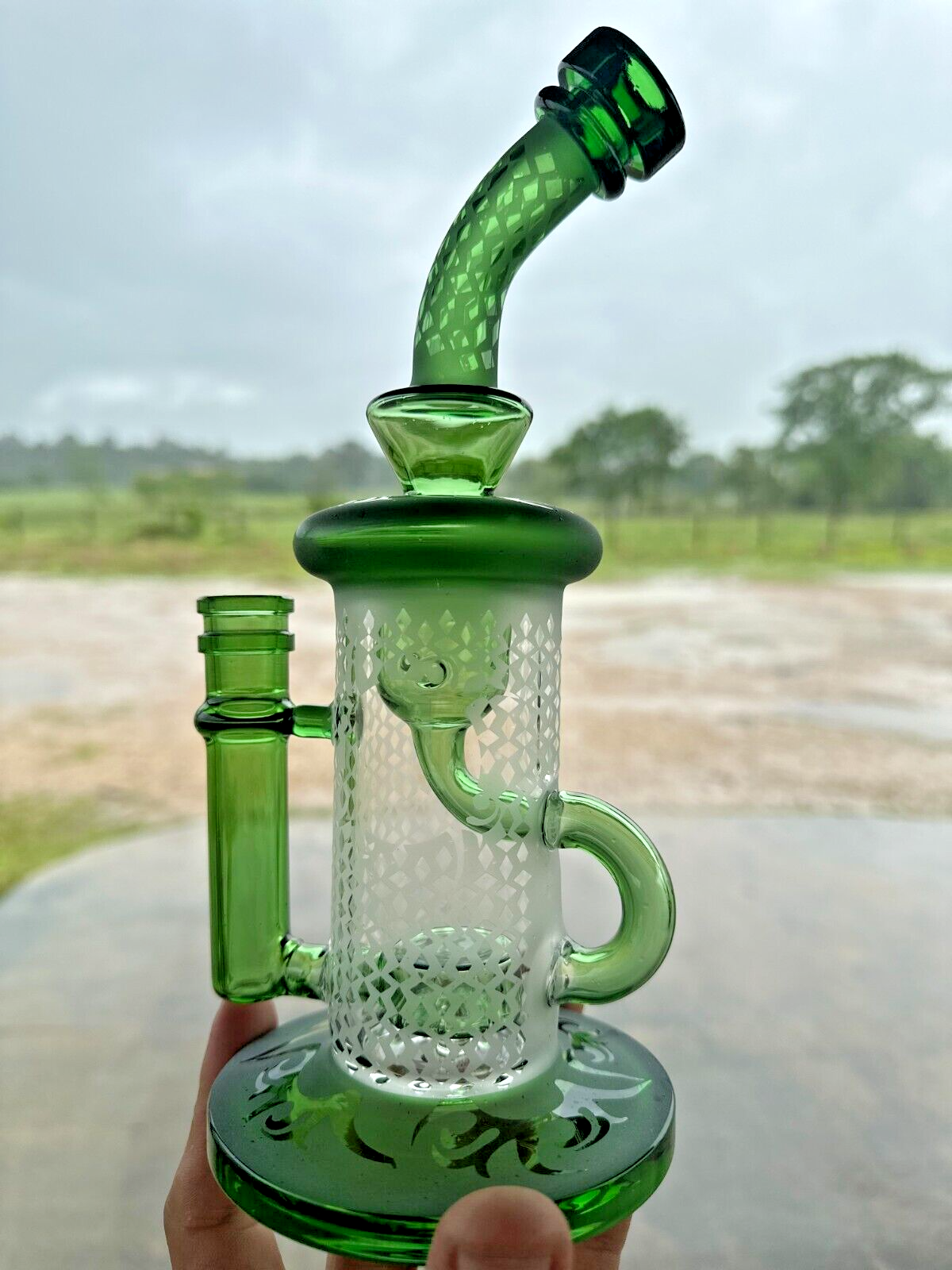 10" Carved craft Glass Bongs Smoking Glass Water Pipe with 14mm Round handle