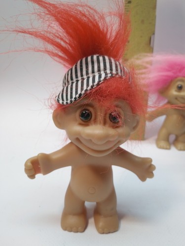 4 Vintage Troll Doll Russ Red White Pink Hair Hats