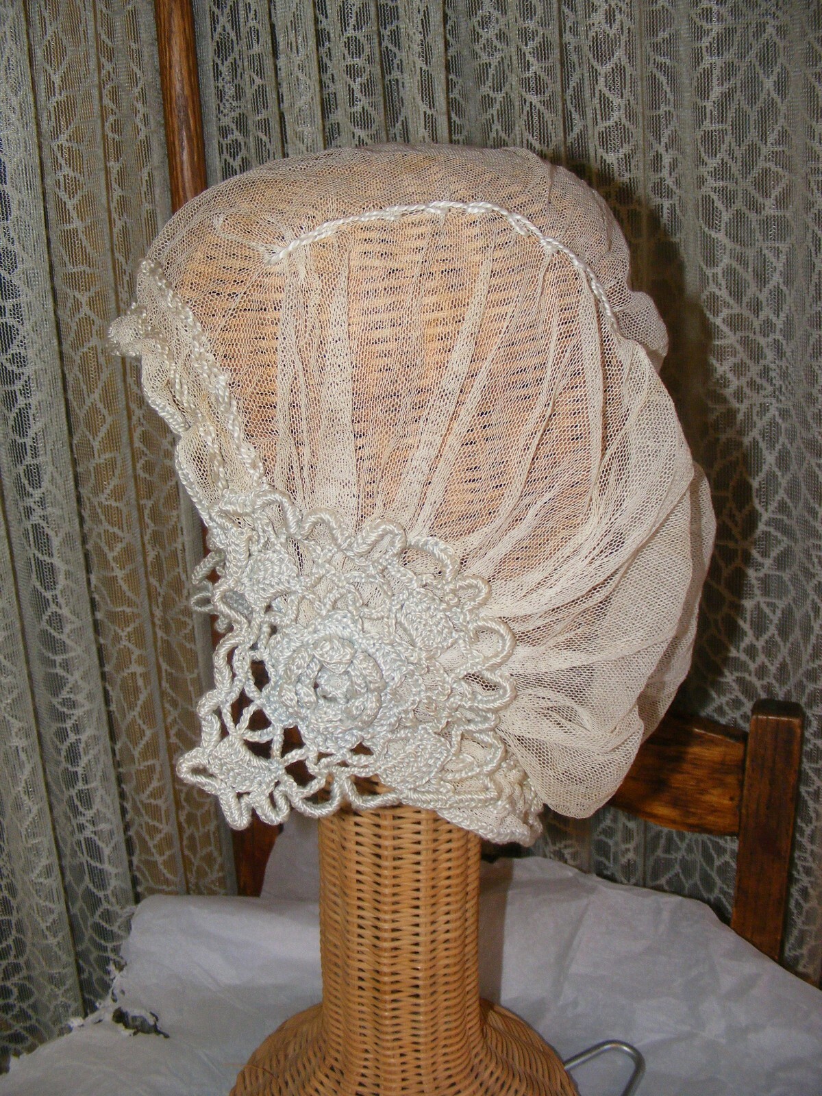 1920S FLAPPER BOUDOIR CAP SLEEPING HAT NET LACE HAT VINTAGE FLAPPER FASHIONS M