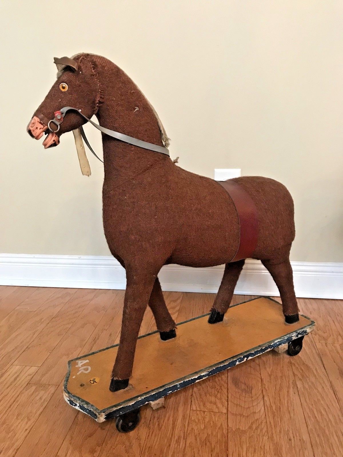2 LARGE VINTAGE ANTIQUE 1950's GERMAN GDR CHILDS ROCKING HORSE STUFFED PULL TOY