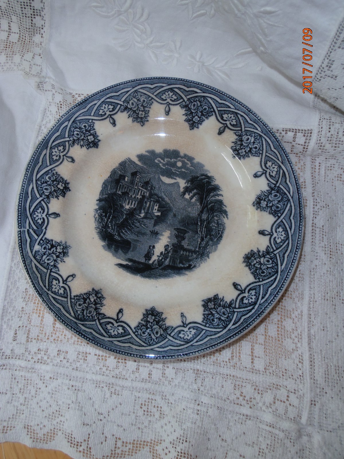 2 Antique Vintage Blue Transferware Plates Salad 7 3/4