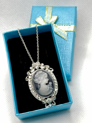 NWOT in Box Finecraft Rhinestone Blue Victorian Style Cameo Crystals Silver Tone