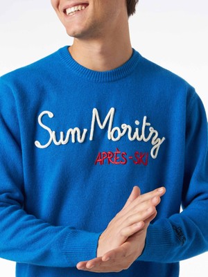Pre-owned Mc2 Saint Barth Man Crewneck Sweater With Sun Moritz Après Ski Embroidery In Blue