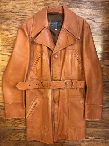 Vintage Men's Brown Leather Jacket 70s Trench Belted 44 Vintage Men's Brown Leather Jacket 70s Trench Belted 44