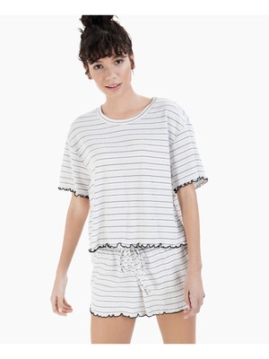 

JENNI Sets Белая полосатая футболка с коротким рукавом и круглым вырезом, одежда для сна, размер, Белый