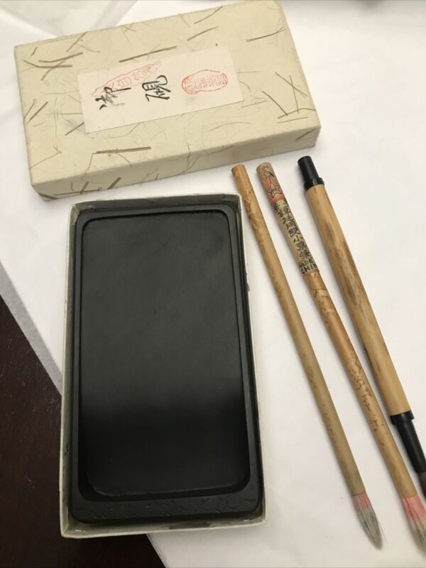 Signed Etched Japanese Ink Stone 3" by 5.5" and 3 Calligraphy Brushes 