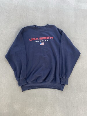 Vintage 90s American Flag Sweatshirt Mens XL Blue Pullover United States Sport