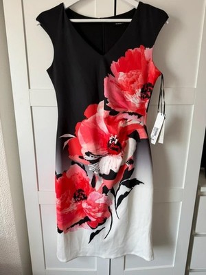 Roman size 12 Floral Midi Dress Black Red White Bodycon Occasion wedding guest