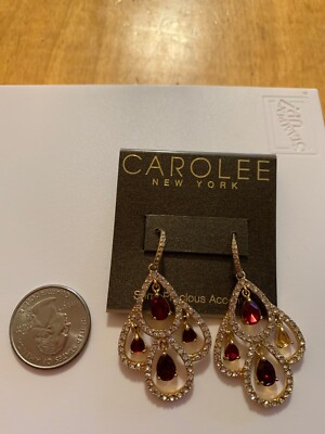 $65 Carolee gold  Tone red stone  & pave   Chandelier   2'' Earrings G83